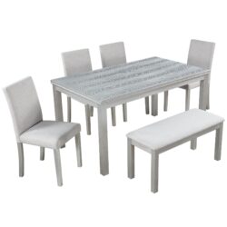 6 Piece Wooden Dining Table Set, Wooden Dining Table With 4 Upholstered Chairs And Bench For 6 People, Rectangular Dining Table Set With Crystal Decoration For Kitchen, Dining Room - Silver Gray