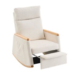 Accent Rocking Chair With Footrest, High Back Rubber Wood Rocking Legs Bedroom Living Space - Beige