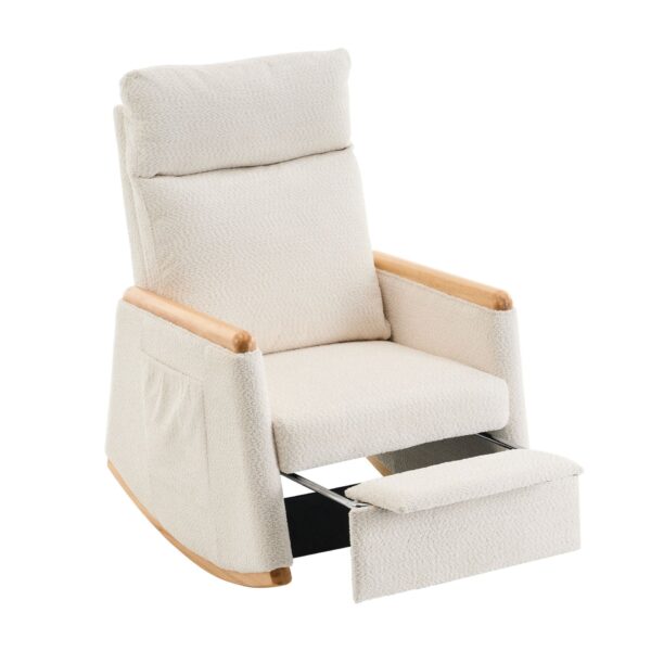 Accent Rocking Chair With Footrest, High Back Rubber Wood Rocking Legs Bedroom Living Space - Beige