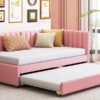 Upholstered Daybed With Trundle Twin Size Sofa Bed Frame No Box Spring Needed, Linen - Pink - Image 16