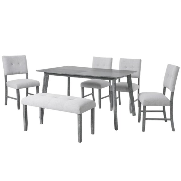 6 Pieces Dining Room Table Set, Rustic Farmhouse Dining Room Rectangular Table With 4 Upholstered Chairs And Bench, Solid Wood Kitchen Dining Table Set For 6 Persons - Gray