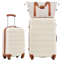 Hardshell Luggage Sets 2 Pieces + Bag Spinner Suitcase With Tsa Lock Lightweight 20" / 28" - Brown / White