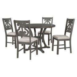 Retro Style 5 Piece Round Dining Table And Chair Set With Unique Legs And Hollow Chair Back - Gray
