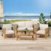 Outdoor 4 Seater Acacia Wood Chat Set With Wicker Accents And Cushions - Teak / Mixed Brown / Beige - Image 2