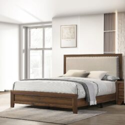 Queen Size Panel Bed Contemporary Fabric Upholstered Tufted Headboard - Brown