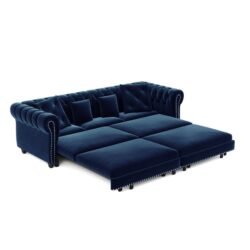3 In 1 Pull Out Sofa Bed, Convertible Sleeper Sofa Bed, King Size Sofa Bed, Chaise Lounge, Velvet T3 Seater Sofa With Movable Ottoman, Tufted Design - Blue