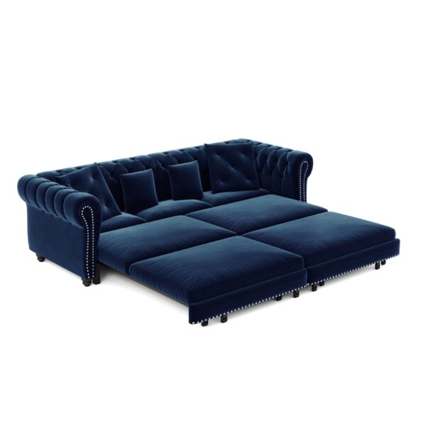 3 In 1 Pull Out Sofa Bed, Convertible Sleeper Sofa Bed, King Size Sofa Bed, Chaise Lounge, Velvet T3 Seater Sofa With Movable Ottoman, Tufted Design - Blue