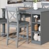 Solid Wood Farmhouse Counter Height Dining Table Set With 3 Tier Storage Shelves, Upholstered Dining Chairs For 4, 5 Piece - Gray - Image 3