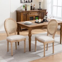 French Style Solid Wood Frame Antique Painting Linen Fabric Rattan Back Dining Chair (Set of 2) - Cream / Beige