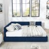 Queen Size Storage Upholstered Tufted Bed Frame, Comfortable Sofa Bed With Backrest And Armrests - Dark Blue - Image 7
