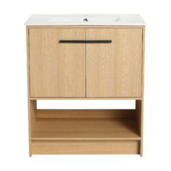 Modern 30" Bathroom Vanity With Ceramic Sink, Freestanding Cabinet, 2 Soft Closing Doors - Oak