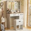 Farmhouse Makeup Vanity Desk With Mirror And Lights, 3 Lighting Modes, Vanity Set With Stool, Dressing Table With Adjustable Shelves, 2 Drawers And Side Cabinet For Bedroom - White - Image 2