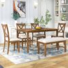 6 Piece Kitchen Dining Table Set Wooden Rectangular Dining Table, 4 Chairs And Bench Family Furniture - Natural Cherry - Image 4