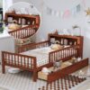 Twin Size Bed With Headboard Storage Rack, 2 Under Bed Drawers, 3 - Side Guardrails For Safety And Security - Walnut - Image 5