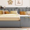 Queen & Twin Long Size Upholstered Platform Bed, Mother & Child Bed With Hydraulic Storage System, Drawer Box, Bedhead Storage Shelf And 2 Pairs Of Sockets & USB Ports - Gray - Image 22
