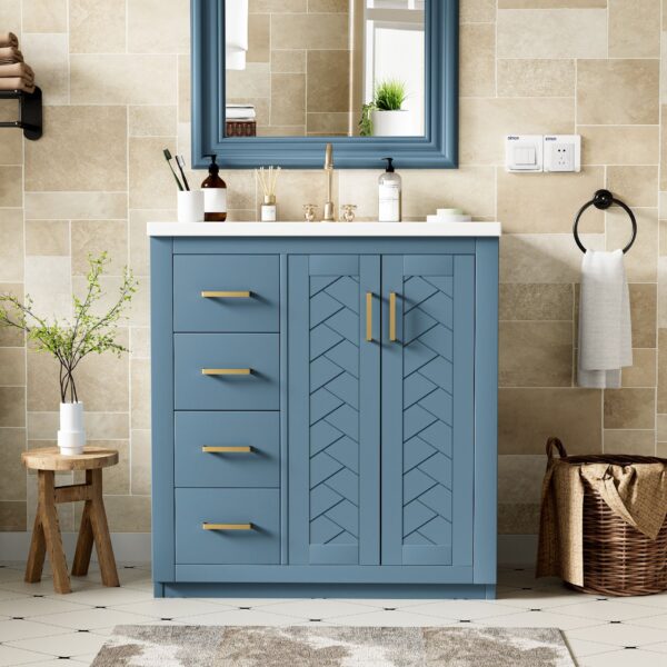 Bathroom Vanity With Ceramic Sink Combo, Frame Bathroom Storage Cabinet, Freestanding Vanity Set With 3 Drawers & Soft Closing Doors - Indigo