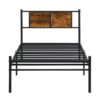 Modern Twin Long Size Metal Bedframe With Wood Panel Headboard - Black / Brown - Image 7