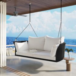 2 Person Hanging Seat, Rattan Woven Swing Chair, Porch Swing With Ropes - Black / White