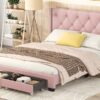 Queen Size Storage Bed Linen Upholstered Platform Bed & Two Drawers - Pink - Image 17
