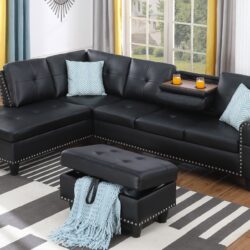 Irine - Faux Leather Sectional Sofa With Ottoman - Black