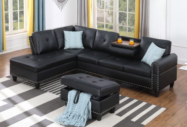 Irine - Faux Leather Sectional Sofa With Ottoman - Black