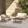 4 Piece Outdoor Patio Furniture Set, Metal Chairs With Woven Rope U Shaped Backrest, Outdoor Conversation Set With Thick Cushions And Coffee Table For Garden, Poolside, Balcony - Brown / Beige - Image 6
