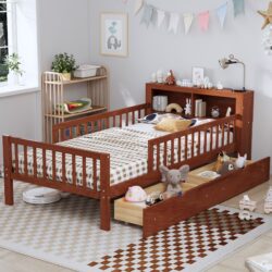 Twin Size Bed With Headboard Storage Rack, 2 Under Bed Drawers, 3 - Side Guardrails For Safety And Security - Walnut