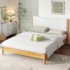 Queen Size Rubber Wooden, Solid Wooden Bed With Teddy Velvet Cushion Upholstered Headboard, Enhanced By Support Feet - Natural - Image 3