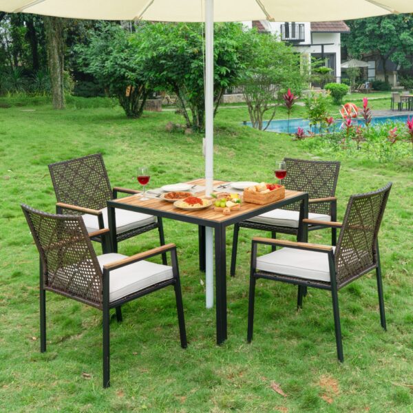 All Weather 5 Piece Patio Dining Table Set, Acacia Wood Table Top With Umbrella Hole, Rattan Outdoor - Coffee Brown