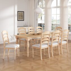 Topmax - Vintage Traditional 9 Piece Extendable Dining Table Set With Removable Leaf And 8 Upholstered Dining Chairs For 8 - Natural