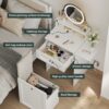 Makeup Vanity Desk With Round Mirror And Lights, 2 In 1 Nightstand, Dressing Table With A Chair - Antique White - Image 9