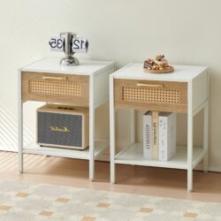 15.74" Rattan End Table With Drawer, Modern Nightstand, Metal Legs, Side Table For Living Room, Bedroom (Set of 2) - White