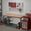 Adjustable Workbench For Garage, Rubber Wood Heavy Duty Workstation With Power Outlets & Wheels, 2000 Lbs Load Capacity Hardwood Worktable For Workshop - Black - Image 9