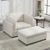 Wide Modern Oversized Armchair With Ottoman Stool, Single Sofa With Lumbar Support, Accent Chair, Reading Chair For Bedroom, Living Room - Cream - Image 9