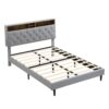 Modern Queen Size Upholstered Platform Bed Frame With Button Tufted Linen Fabric Headboard And USB Ports - Light Gray - Image 6