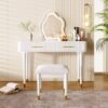 Modern Vanity Table Set With Mirror Touch Screen Lighted Mirror, Dressing Table And Cushioned Stool Set With 2 Large Drawers - White - Image 2