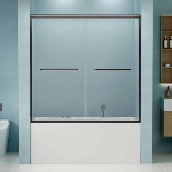 Double Sliding Bathtub Shower Door, Semi Frameless Bypass Tub Door, 1 / 4" (6Mm) Tempered Glass With Explosion - Proof Film, Adjustable Aluminum Alloy Frame - Matte Black