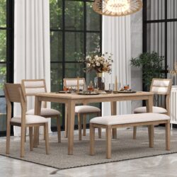 6 Piece Dining Set Classic And Traditional Style, Includes Dining Table, 4 Upholstered Chairs & Bench - Natural Wash