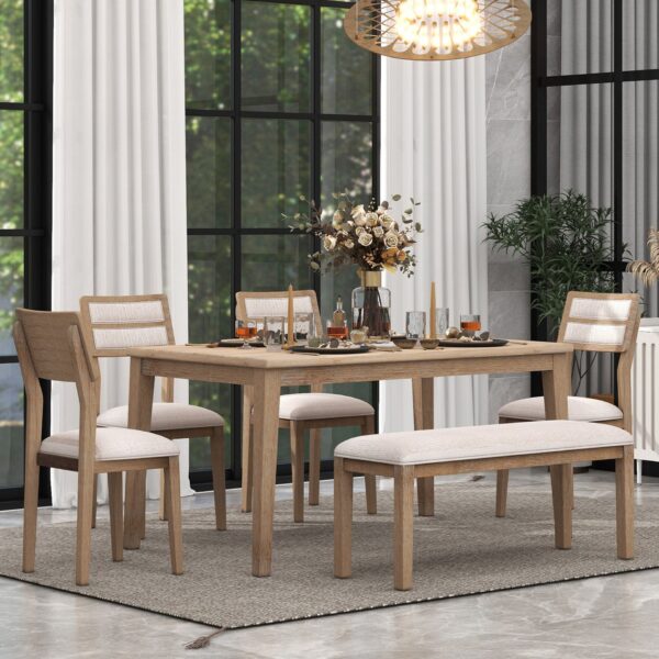 6 Piece Dining Set Classic And Traditional Style, Includes Dining Table, 4 Upholstered Chairs & Bench - Natural Wash