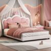 Full Size Upholstered Princess Bed With Crown Headboard, Full Size Platform Bed With Headboard And Footboard - White / Pink - Image 2