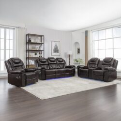 3 Pieces Recliner Sofa Sets Home Theater Seating Manual Recliner Chair With Center Console And Led Light Strip For Living Room - Brown