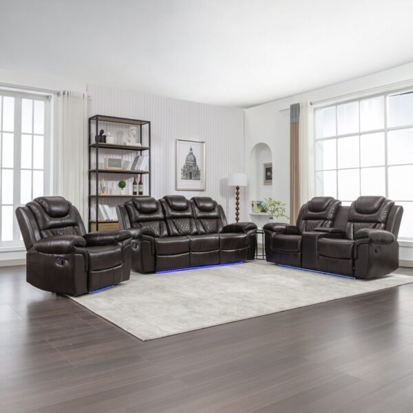 3 Pieces Recliner Sofa Sets Home Theater Seating Manual Recliner Chair With Center Console And Led Light Strip For Living Room - Brown