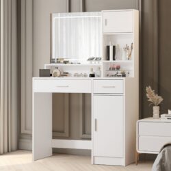 Vanity Desk With Mirror And LED Light Strip, Dressing Table With Large Drawer, 3 Level Storage Dresser & 3 Lighting Modes Adjustable Brightness, Suitable For Bedroom - White