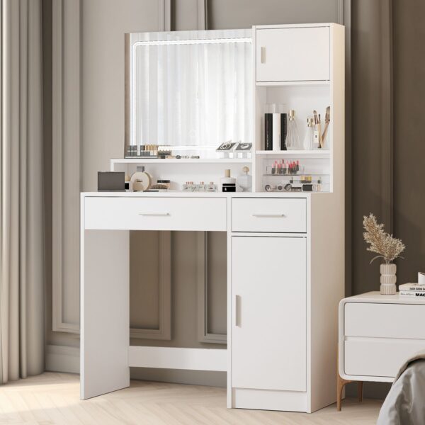 Vanity Desk With Mirror And LED Light Strip, Dressing Table With Large Drawer, 3 Level Storage Dresser & 3 Lighting Modes Adjustable Brightness, Suitable For Bedroom - White