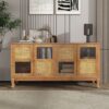Retro 4 Door Sideboard With Large Storage Space, Artificial Rattan Doors - Transparent Glass - Antique Brown - Image 2