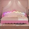 Twin Extending Daybed With LED Lights, Modern Upholstered Princess Daybed With Crown Headboard - Pink - Image 3