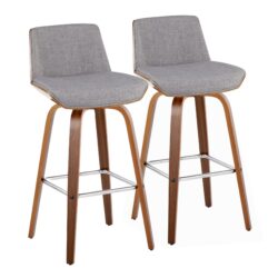Corazza - Mid-Century Modern Fixed Height Barstool With Swivel With Square Footrest (Set of 2) - Walnut / Light Gray