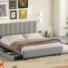 Queen Size Upholstered Platform Bed With 2 Drawers And 1 Trundle, Classic Strip Headboard Design - Gray - Image 16