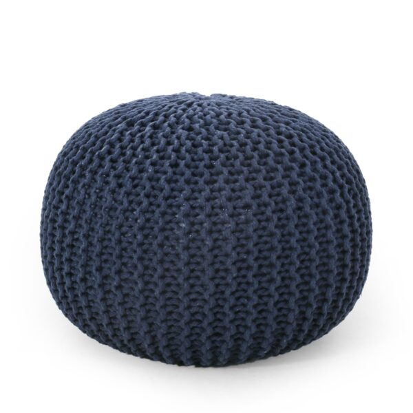 Bordeaux - Knitted Cotton Round Pouf Ottoman And Floor Cushion - Navy Blue