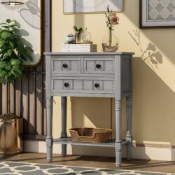 Narrow Console Table, Slim Sofa Table With Three Storage Drawers And Bottom Shelf For Living Room, Easy Assembly - Gray Wash